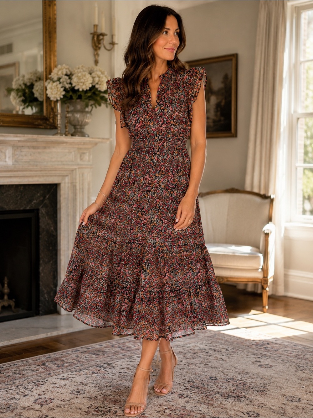 BB Dakota Urban Outfitters Floral Ruffle Midi Dress Large